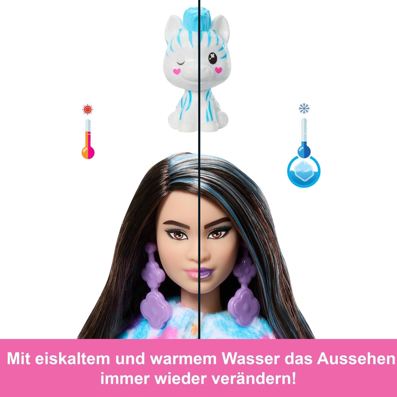 Barbie Cutie-onthullingspop en accessoires, regenboogzebra-pluche outfit en 10 kleurveranderende verrassingen, Color Dream-reeks, HRK39