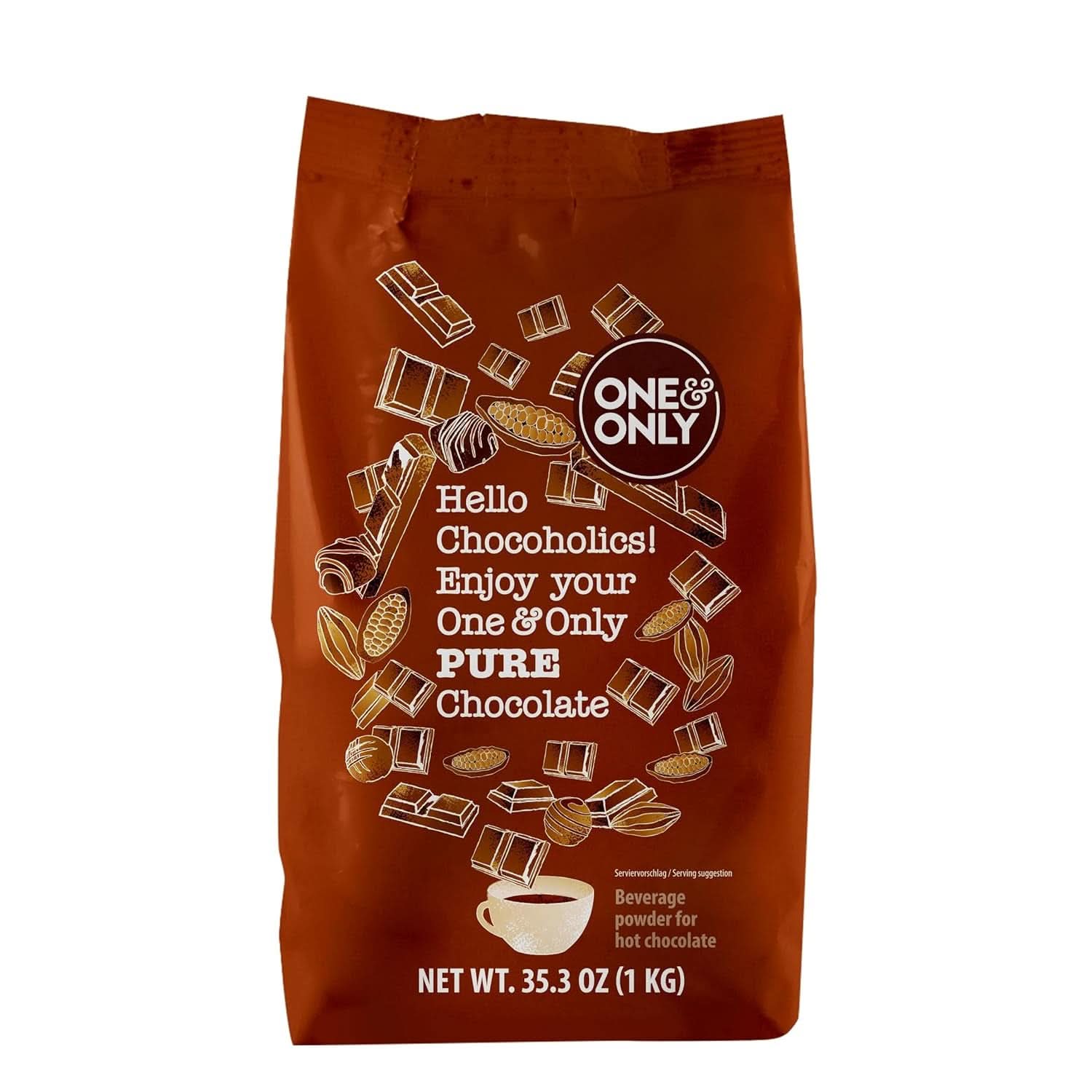 One&Only Chocoladepoeder Puur 1 Kg - Hoogwaardig chocoladepoeder voor een premium drinkchocolade met 32% cacao Cacao en Hot Chocolate Naty Shop