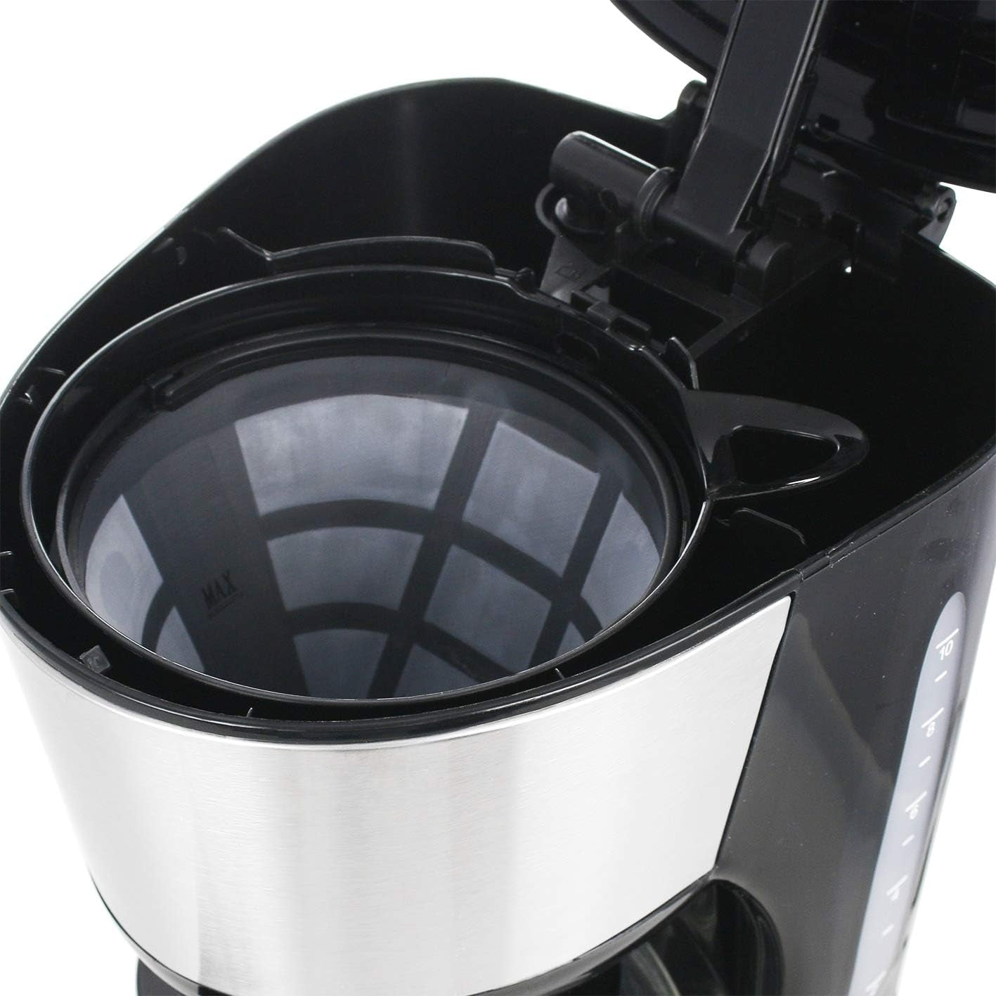 Emerio CME-122933, Filterkoffiezetapparaat, 1,25L voor maximaal 10 koppen verse koffie, permanent uitneembaar filter, antidruppelfunctie, glazen karaf, automatische uitschakeling, 1000 watt, zwart/zilver
