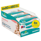 Pampers Sensitive Vochtige Doekjes, 6 pakjes van 80 doekjes = 480 doekjes, ongeparfumeerd, voor zachte, zachte reiniging