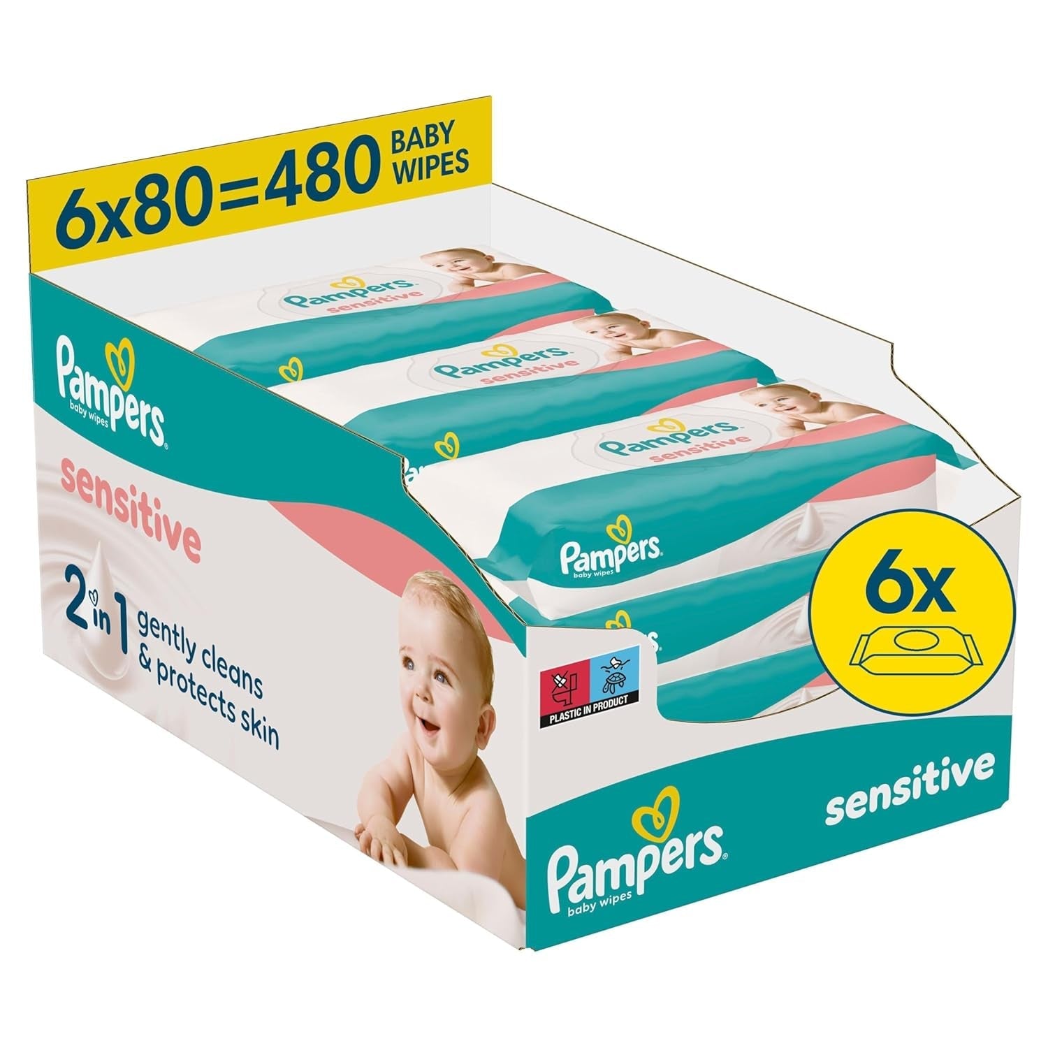 Pampers Sensitive Vochtige Doekjes, 6 pakjes van 80 doekjes = 480 doekjes, ongeparfumeerd, voor zachte, zachte reiniging
