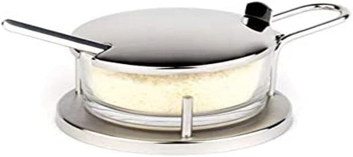 Parmezaanse kaasset APS "Classic", kom voor Parmezaanse kaas, bakje voor Parmezaanse kaas met lepel, transparant glas voor Parmezaanse kaas in roestvrijstalen houder, 11 x 15 cm, hoogte 7 cm