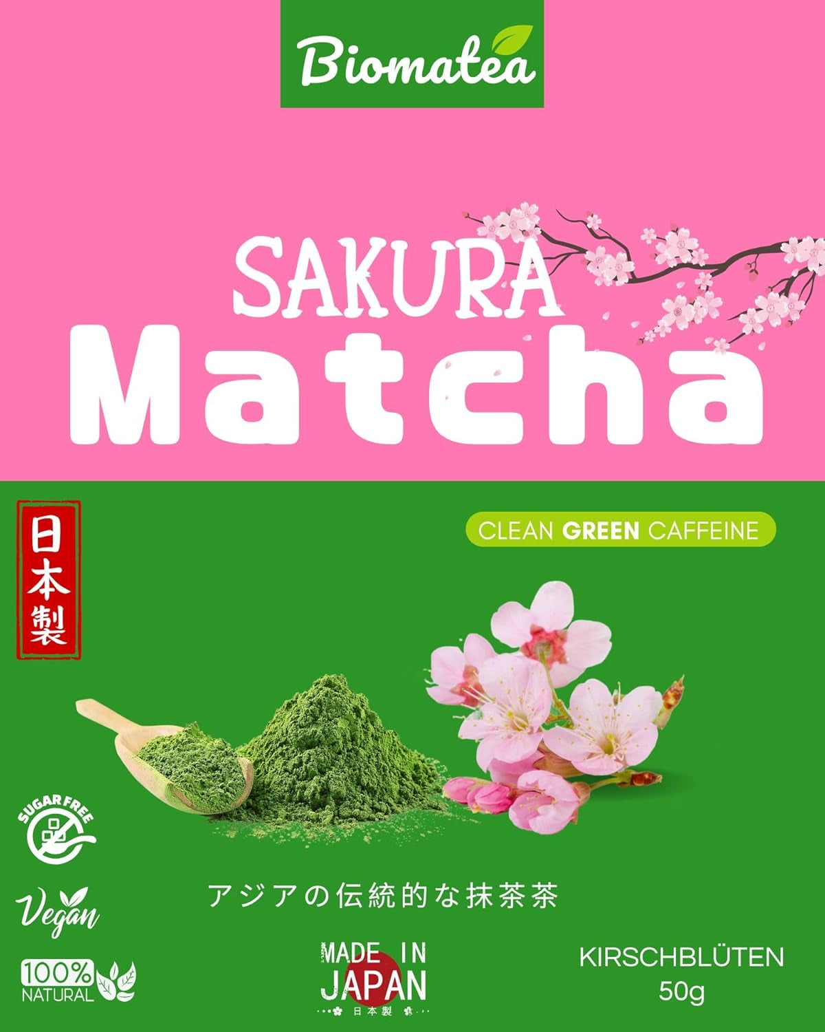 Sakura Matcha Thee 50g - Ceremoniële kwaliteit uit Japan - Premium groene thee met Sakura-bloempoeder - Eerste oogst, steengrond, veganistisch, geen additieven