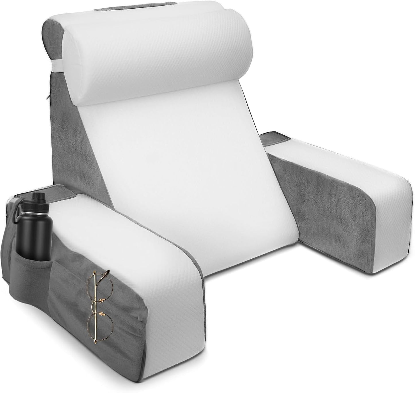 Groot leeskussen met afneembare neksteun en armleuningen, rugkussen voor bed, ergonomisch rugkussen met arm, zak en wasbare hoes voor lezen en tv kijken.
