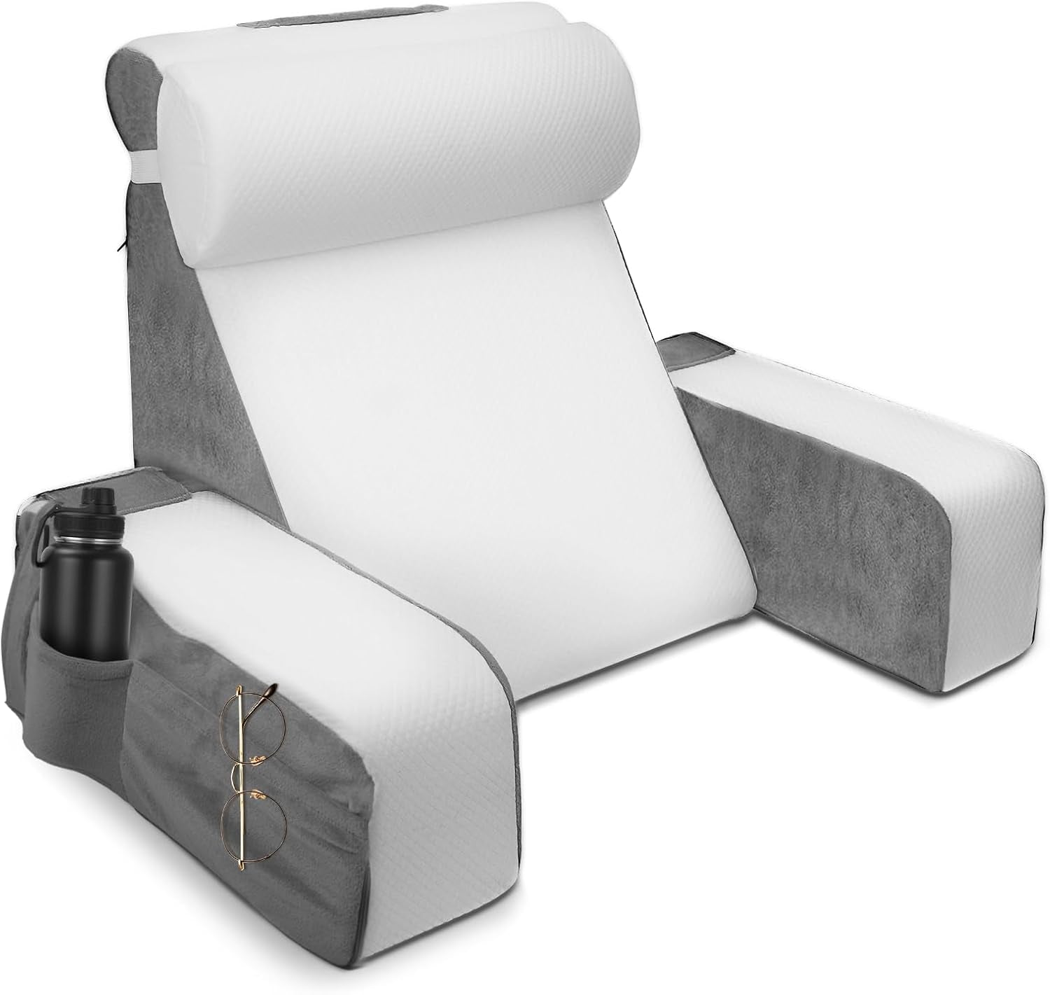 Groot leeskussen met afneembare neksteun en armleuningen, rugkussen voor bed, ergonomisch rugkussen met arm, zak en wasbare hoes voor lezen en tv kijken.