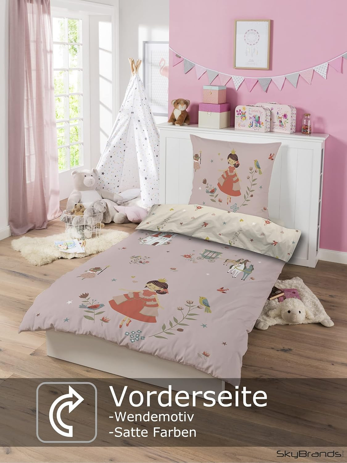 Skybrands Bettwäsche Prinzessin 135X200 [Mit Beutel] Einhorn Mädchen Bettwäsche Baumwolle 2 TLG. 1X Bettbezug 1X Kissenbezug Naty-winkel