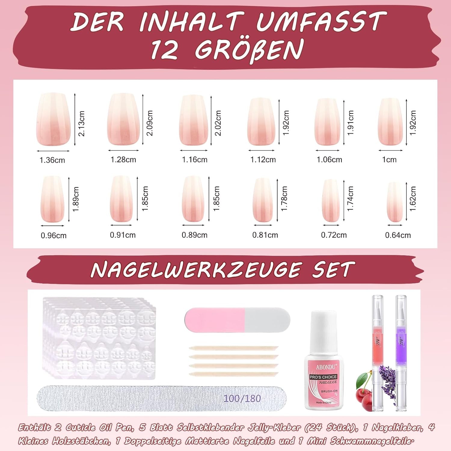 360 stks gradiënt ballerina kunstnagels set, roze witte gradiënt lijm-op kunstnagels met 2 stks nagelolie pennen, ombre medium nepnagels voor vrouwen DIY