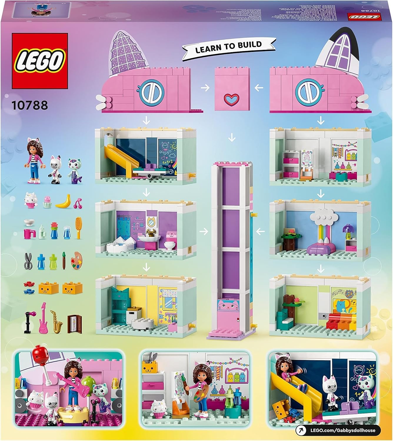 Lego 10788 Gabby's poppenhuis speelgoedset, 8 kamers en 4 verdiepingen Gabby's poppenhuis speelgoed met Pandi, Meerkat, Kuchi figuren en accessoires, cadeau voor 4-jarige meisjes, jongens en kinderen Bouwsets Besuche den LEGO-Store
