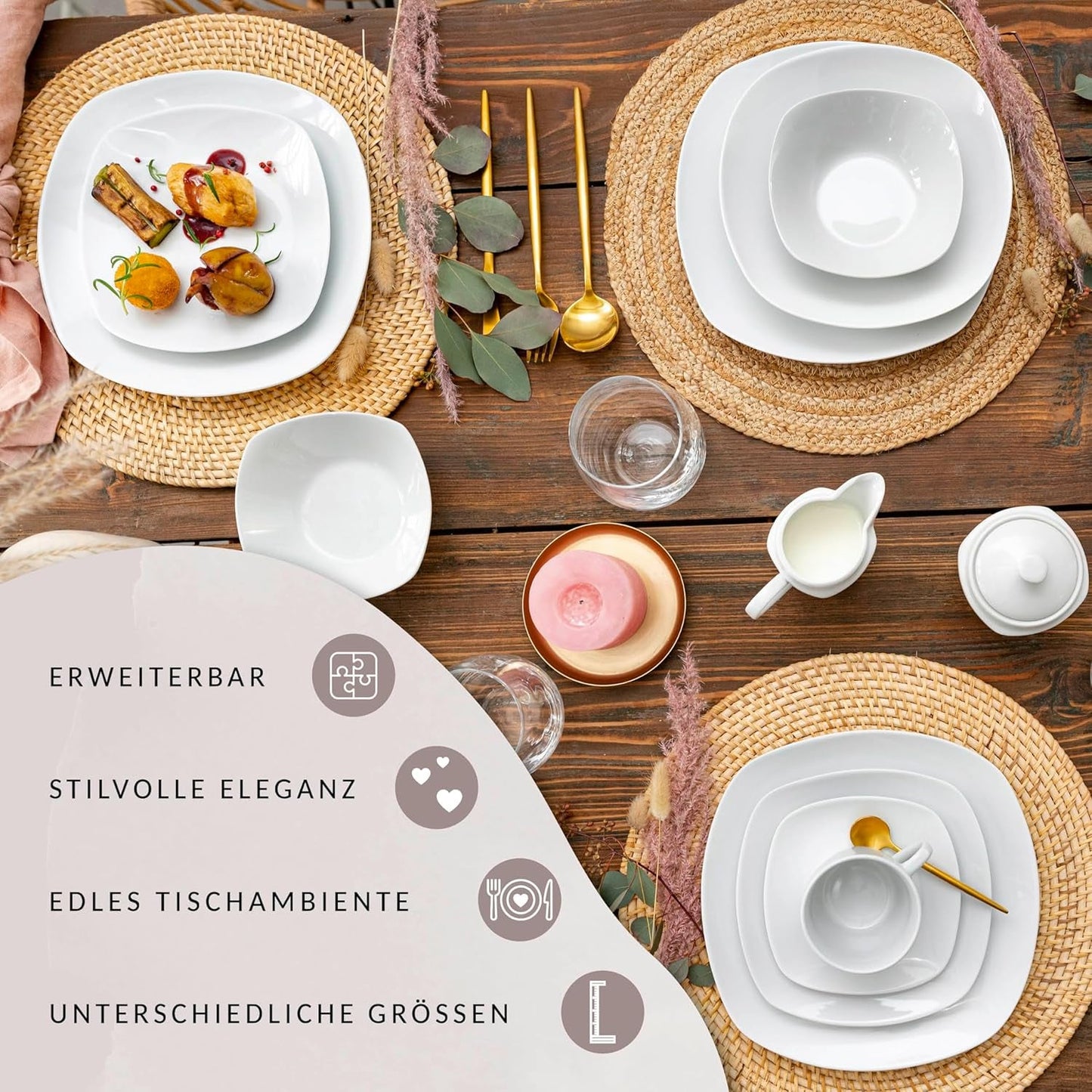 ZANGER | Witte Bilgola serviesset, 24-delige porseleinen serviesset voor 6 personen, vierkante borden, dinerborden | DE PREMIUM COLLECTIE