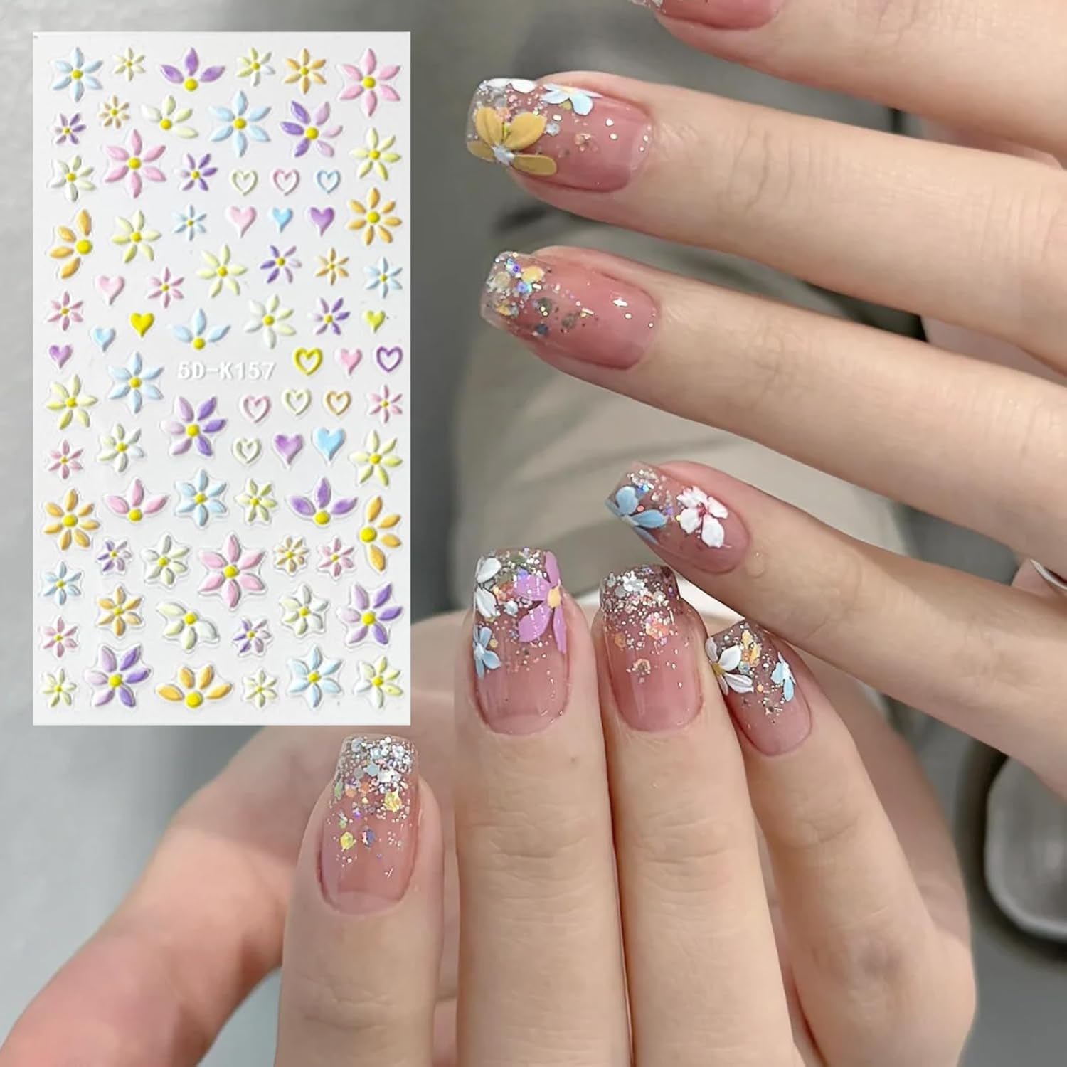 Nagelstickerset voor individuele nageldesign, 4 Blatt Frühlingsthemen Nail Art Zubehör, Perfect voor 3D-gelnagel en UV-gelstrips