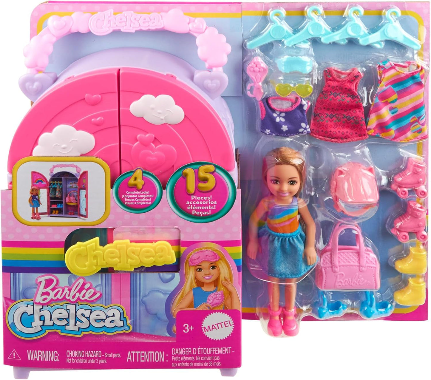 Barbie Chelsea pop en kledingkast speelset met kleding en accessoires, 17-delige set, opvouwbaar voor reizen, spelen en opbergen, HXN03 Naty Shop-poppen