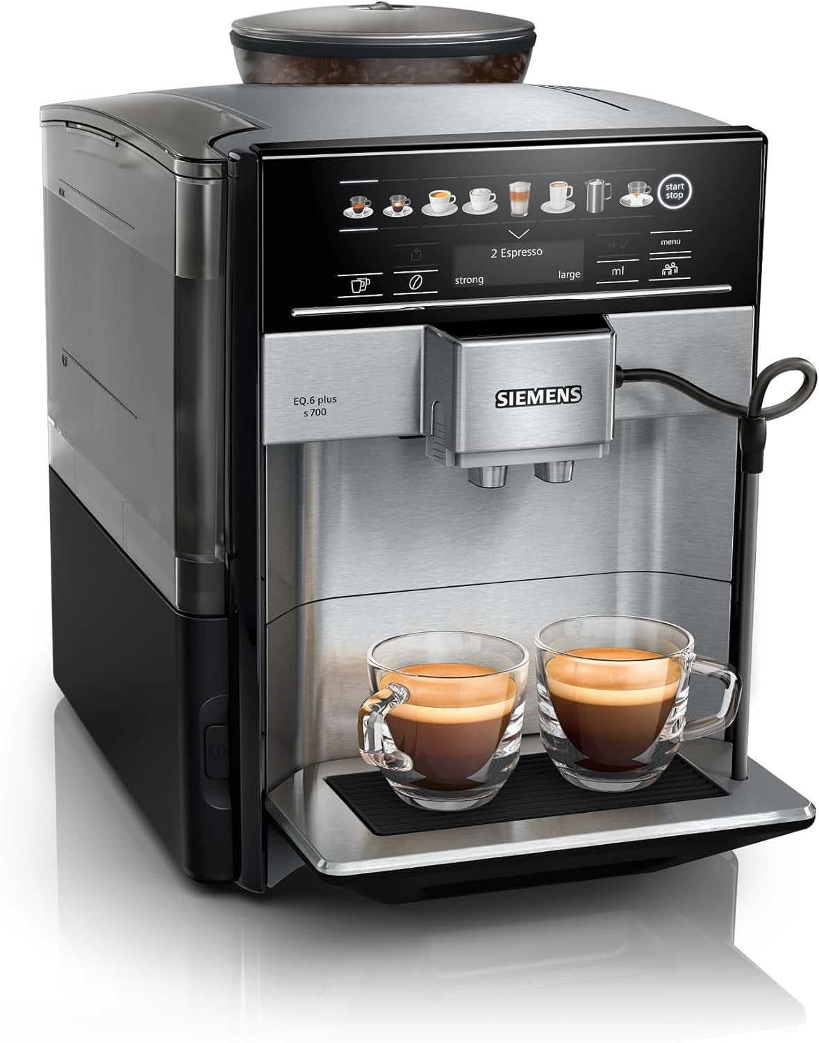 Automatische espressomachine Siemens EQ.6 plus s700 TE657503DE, voor vele koffiespecialiteiten, melkopschuimer, keramische molen, dubbele koffiefunctie, antikalk, automatische stoomreiniging, 1500 W, RVS