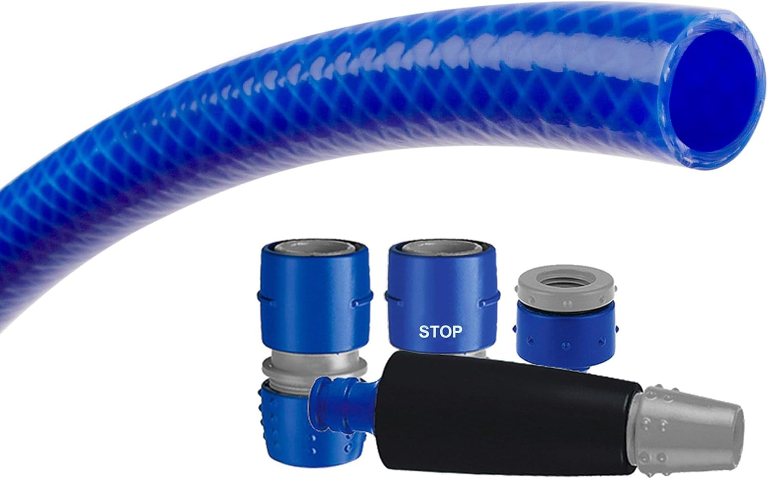 TATAY Blue Line tuinslangset 10 meter Ø5/8" 15mm, 3 lagen, gemaakt in Spanje, weerstand 28 bar en +60°/-20°, gevlochten, cadmium- en loodvrij, BPA-vrij, anti-UV. Blauwe kleur.