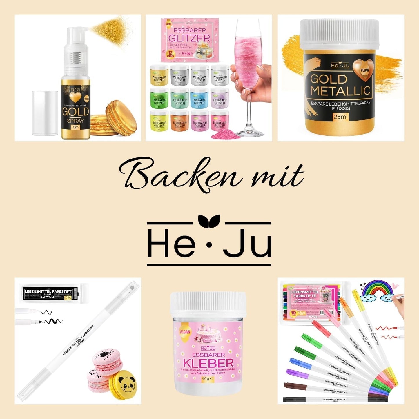 He-Ju Metallic Gold vloeibare kleurstof voor levensmiddelen 25 ml, eetbare glitter voor drankjes en eten (metallic goud, 25 ml)