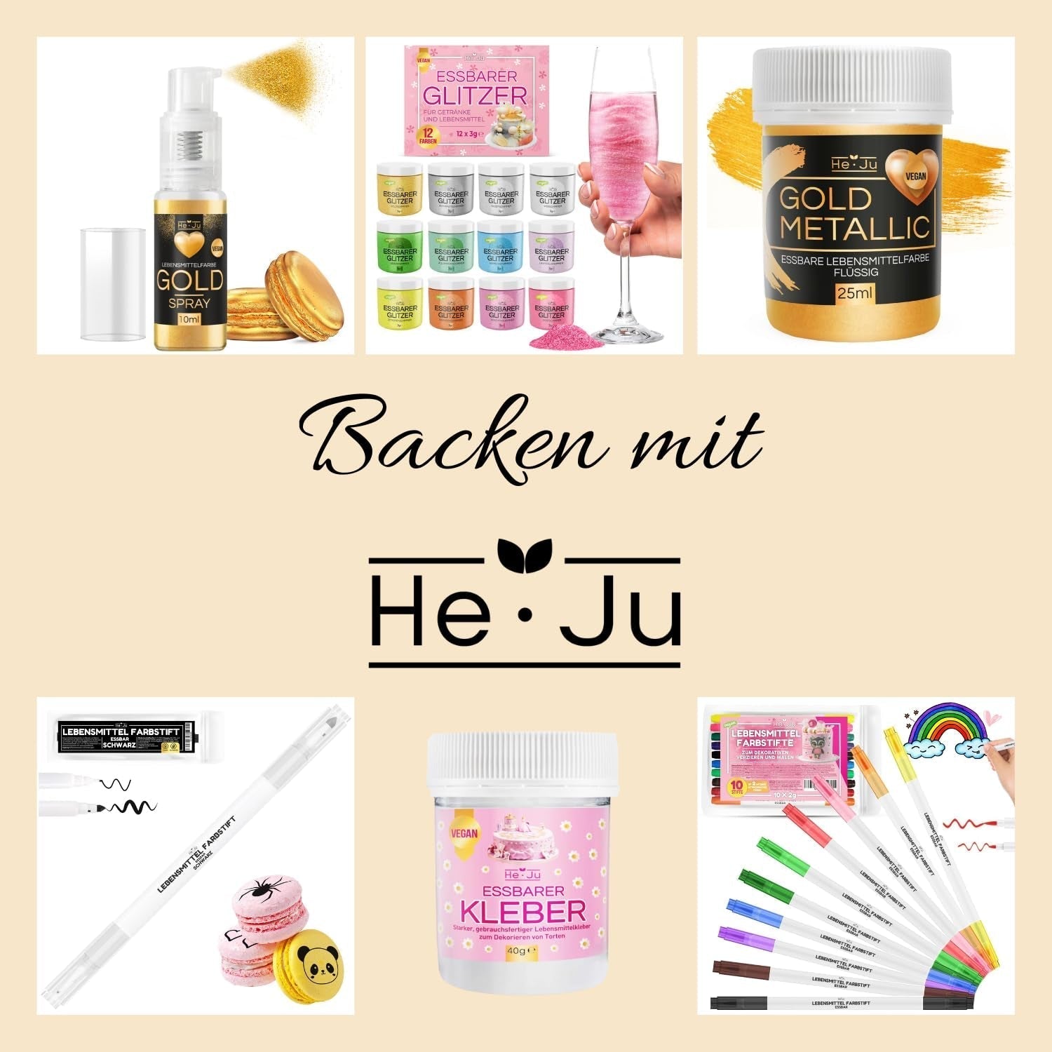 He-Ju Metallic Gold vloeibare kleurstof voor levensmiddelen 25 ml, eetbare glitter voor drankjes en eten (metallic goud, 25 ml)