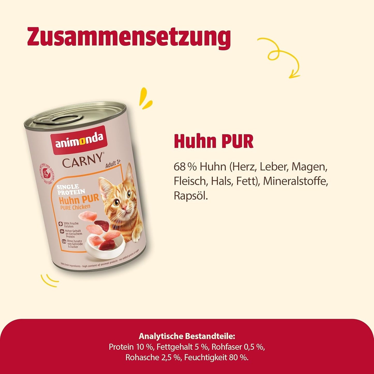 animonda Carny Adult Single Protein Pure Chicken (6 x 400g), natvoer voor volwassen katten met één enkele eiwitbron, natvoer voor volwassen katten, graanvrij en suikervrij