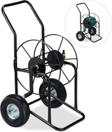 Relaxdays slangenwagen, mobiele slanghaspel, 1/2" en 3/4" aansluiting, slang tot 80 m, 2 wielen, metaal, zwart