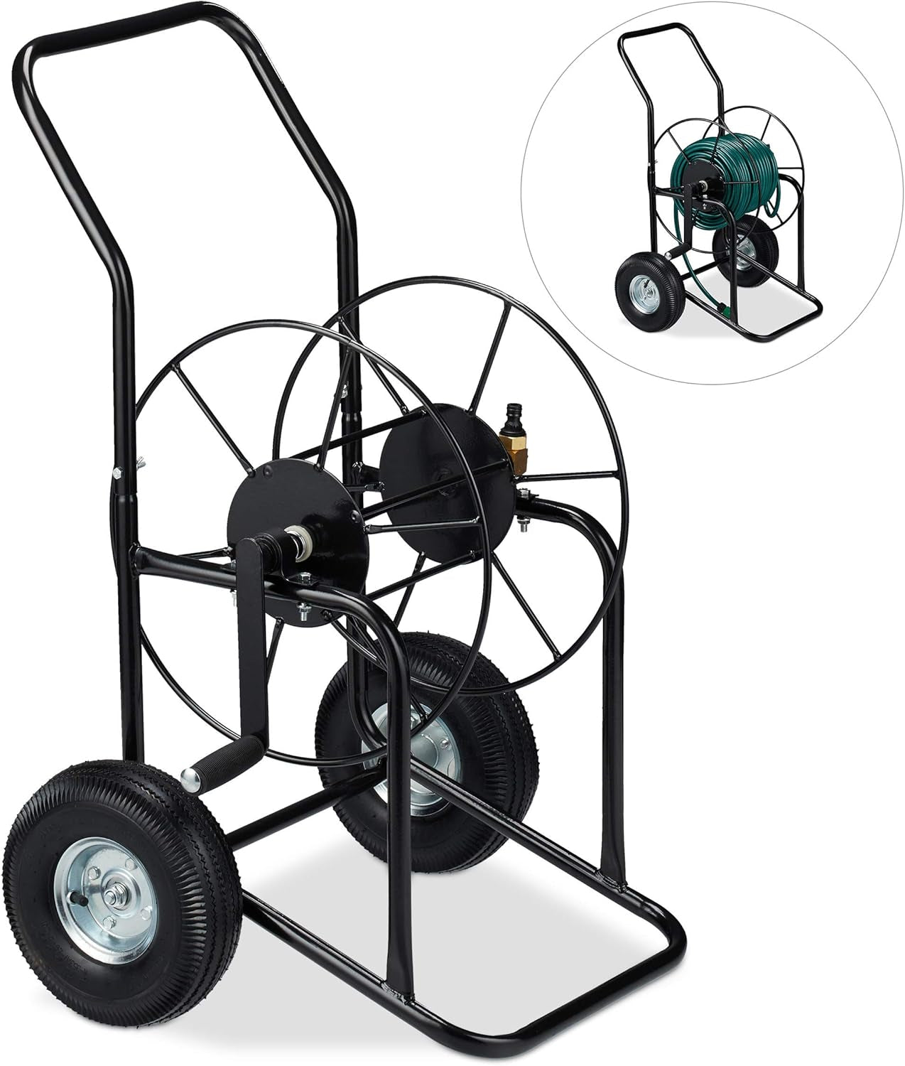 Relaxdays slangenwagen, mobiele slanghaspel, 1/2" en 3/4" aansluiting, slang tot 80 m, 2 wielen, metaal, zwart