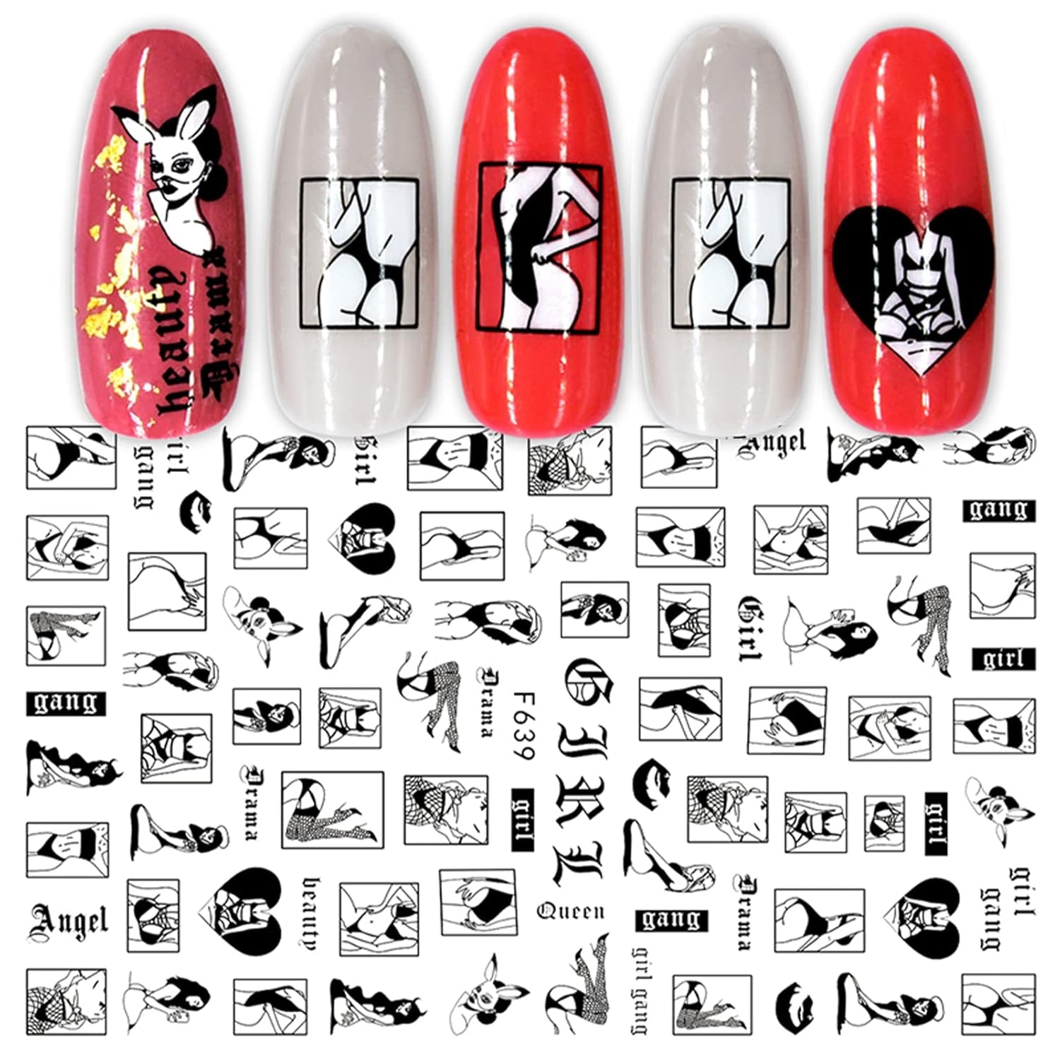 JMEOWIO Nagelsticker Geometrie 10 Blatt Nagelaufkleber Selbstklebend Schwarzes Herz Unregelmäßig Geformt Nail Art Sticker Decoratie Nageldesign Zubehör