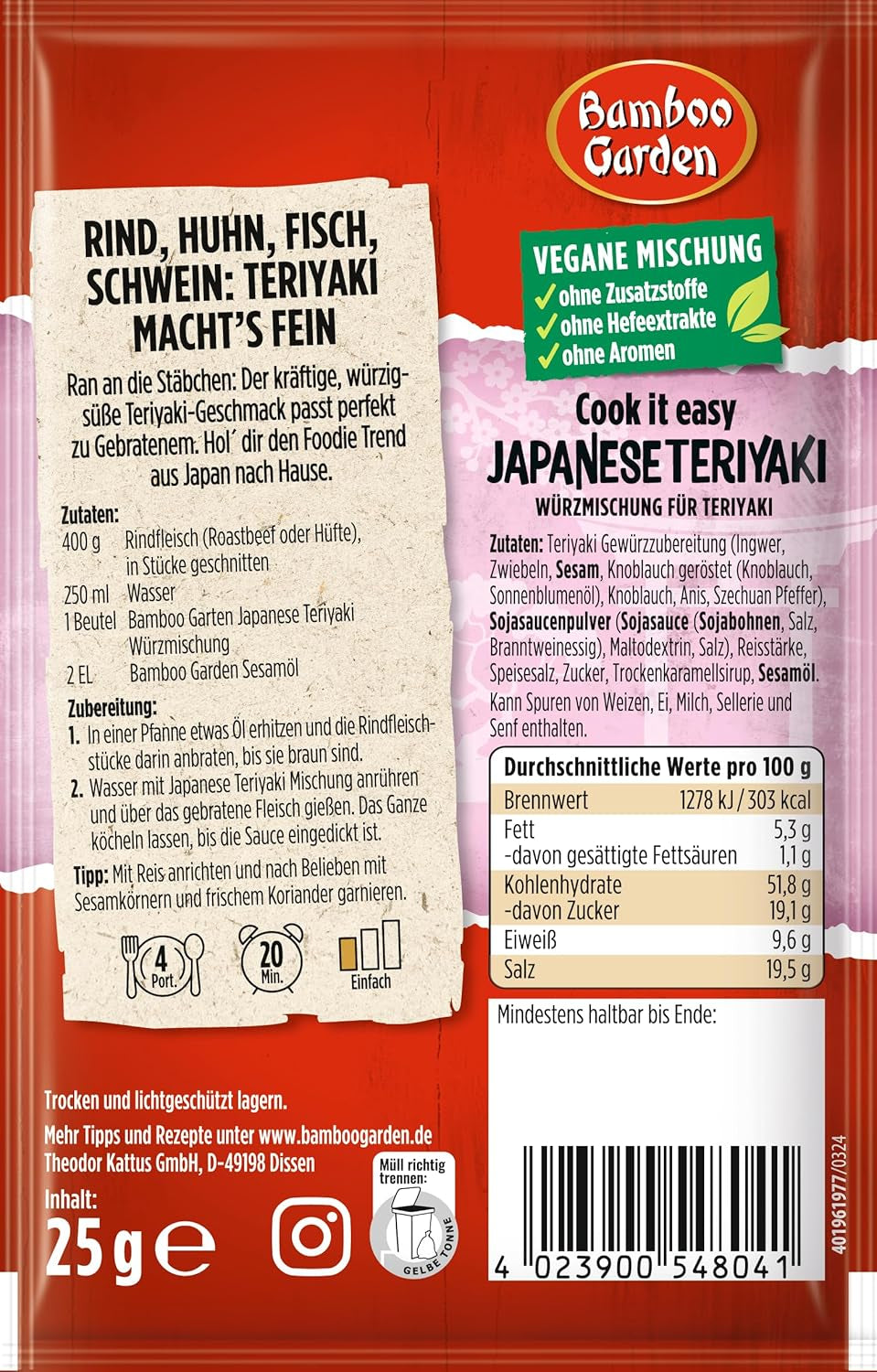 Bamboo Garden - Teriyaki Kruidenmix, Gewürzmischung für Teriyaki, Für 4 Portionen, Ohne Geschmackverstärker en Konservierungsstoffe, 1 x 25 g (Verpackungsdesign kann abweichen)