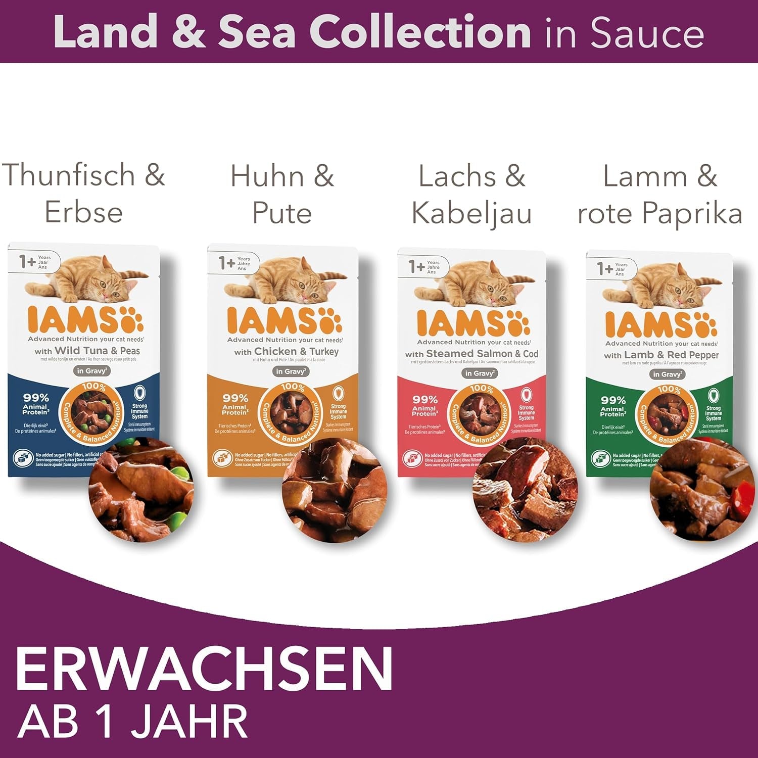IAMS Delights Land & Sea Collection Natvoer voor katten - Assortiment vlees en vis Multipack in saus, Natvoer voor katten vanaf 1 jaar, 12 x 85 g