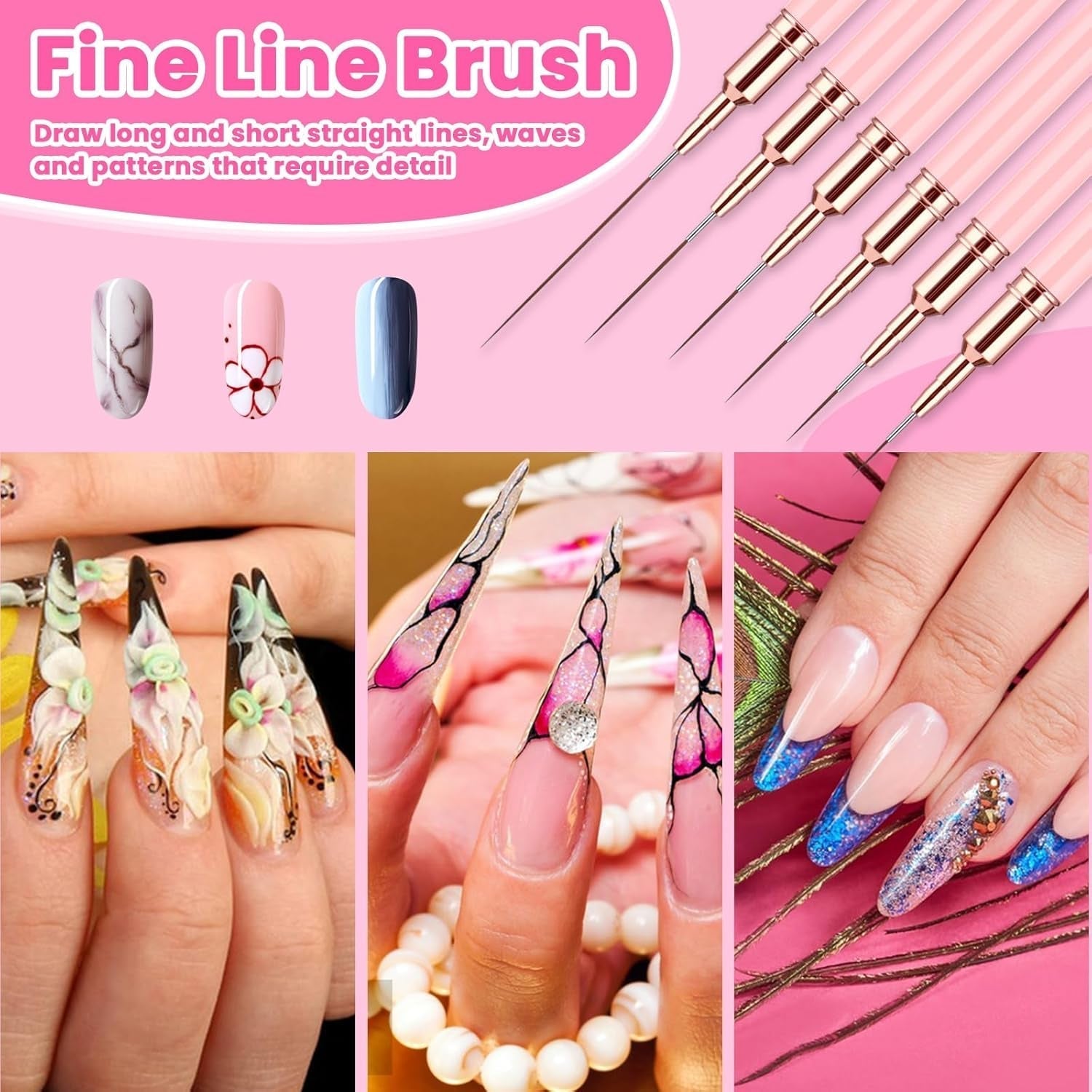 6 Stück Liner Nailart Pinsel Nageldesign Pinsel Set Dünn Acryl Nagelpunkt-Zeichenwerkzeug Nägel Dünne Nagelpinsel Set Für Lange Linien, Dünne Details, Feines Zichnen 5/7/9/11/15/25 Mm（Rosa）