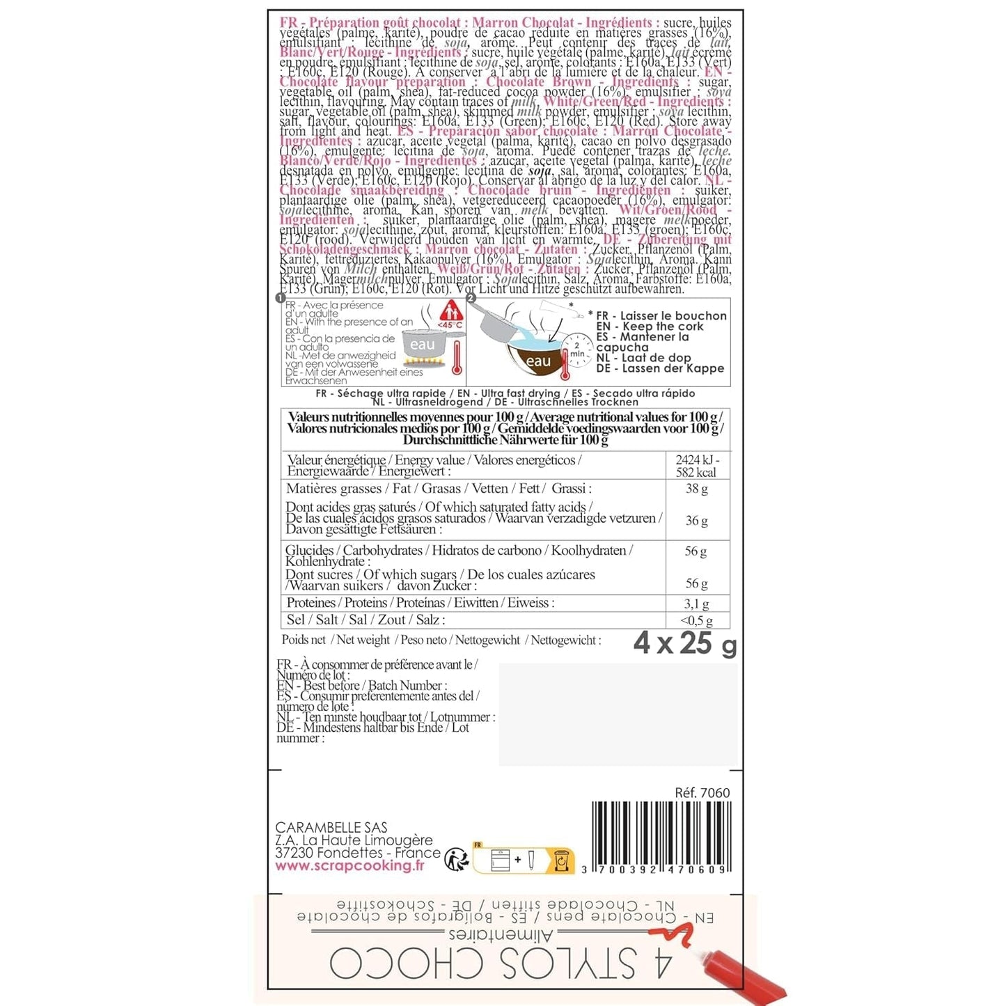 Scrapcooking - Set van 4 kerstchocolade kleurpotloden - bruin, wit, groen en rood - eetbare kleurstof - kleurstof voor schrijven - schrijven en tekenen op desserts, cakes en koekjes - 7060