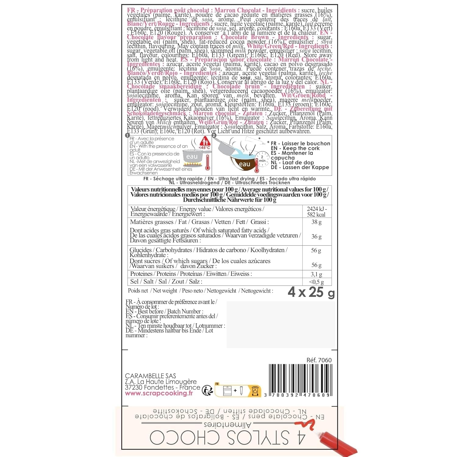 Scrapcooking - Set van 4 kerstchocolade kleurpotloden - bruin, wit, groen en rood - eetbare kleurstof - kleurstof voor schrijven - schrijven en tekenen op desserts, cakes en koekjes - 7060