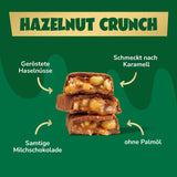 Karamel Hazelnoot Chocoladerepen vooruit | 12 chocoladerepen x 35 g zonder toegevoegde suiker | 1,9 g suiker per reep | Krokante hazelnoot- en karamelsmaak | Koolhydraatarme snoepjes | Geen palmolie