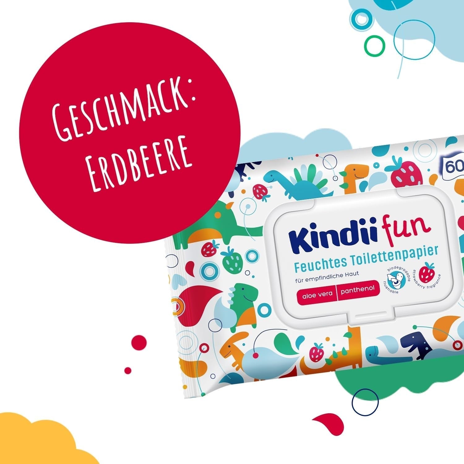 Kindii Fun Nat Toiletpapier - (10X60 stuks) Nat Toiletpapier - Kamille, Aloë Vera, Ph-neutraal, Watervast, Verfrist de intieme zone - 600 stuks