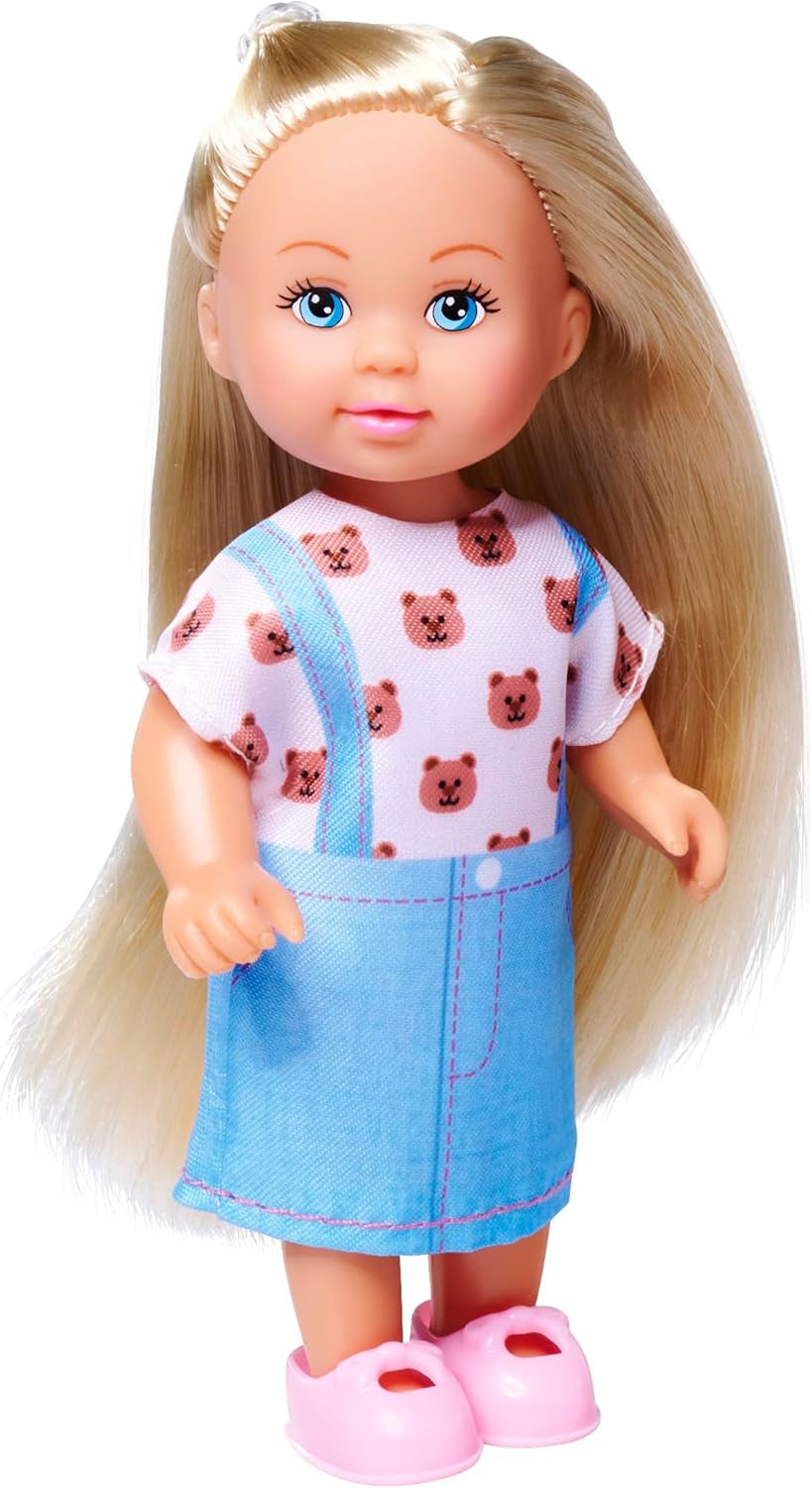 Simba Evi Love-modepop in schattige spijkerjurk, inclusief twee andere outfits met schattige prints en sneakers, 12 cm, vanaf 3 jaar
