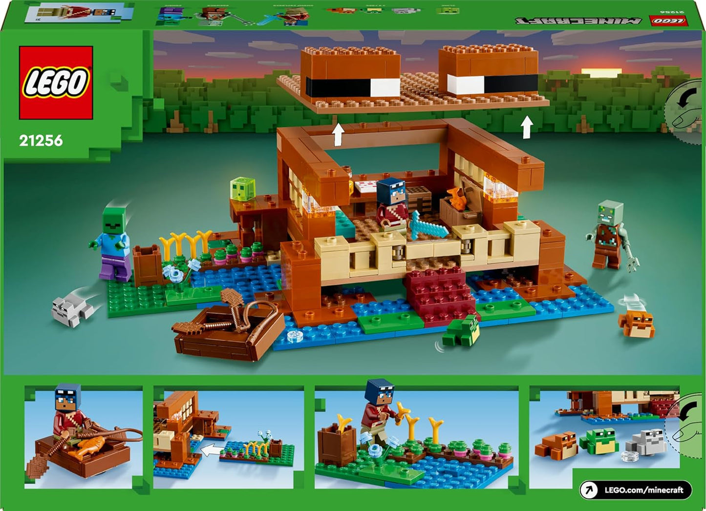 LEGO Minecraft Het Kikkerhuis, speelgoedhuis met figuren waaronder zombie, slijm en drenkeling, plus accessoires zoals speelgoedboot en werkbank, cadeau voor jongens en meisjes vanaf 8 jaar 21256 Bouwsets Besuche den LEGO-Store