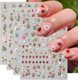 JMEOWIO 3D Nagelsticker Blumen Frucht Nail Art Sticker Selbstklebend Nagelaufkleber 5D Stereoskopische Decoratie Nageldesign Zubehör 4 Blatt