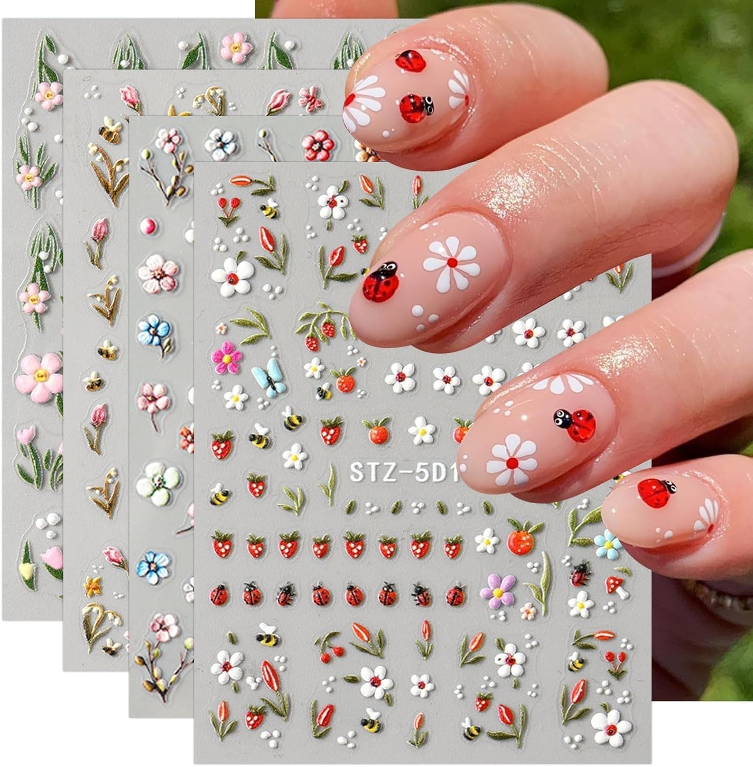 JMEOWIO 3D Nagelsticker Blumen Frucht Nail Art Sticker Selbstklebend Nagelaufkleber 5D Stereoskopische Decoratie Nageldesign Zubehör 4 Blatt