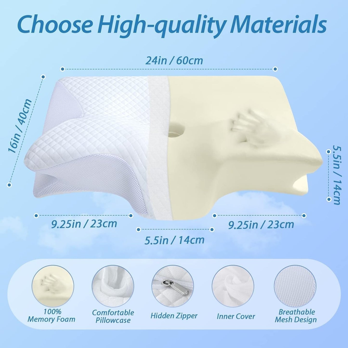 HOMCA Nekkussen Orthopedisch kussen 2 in 1 Memory Foam Kussen Neksteunkussen Ergonomisch hoofdkussen voor rug-, zij- en buikpijn 60 X 13/11 X 40 cm Naty Shop Cervicale orthopedische kussens