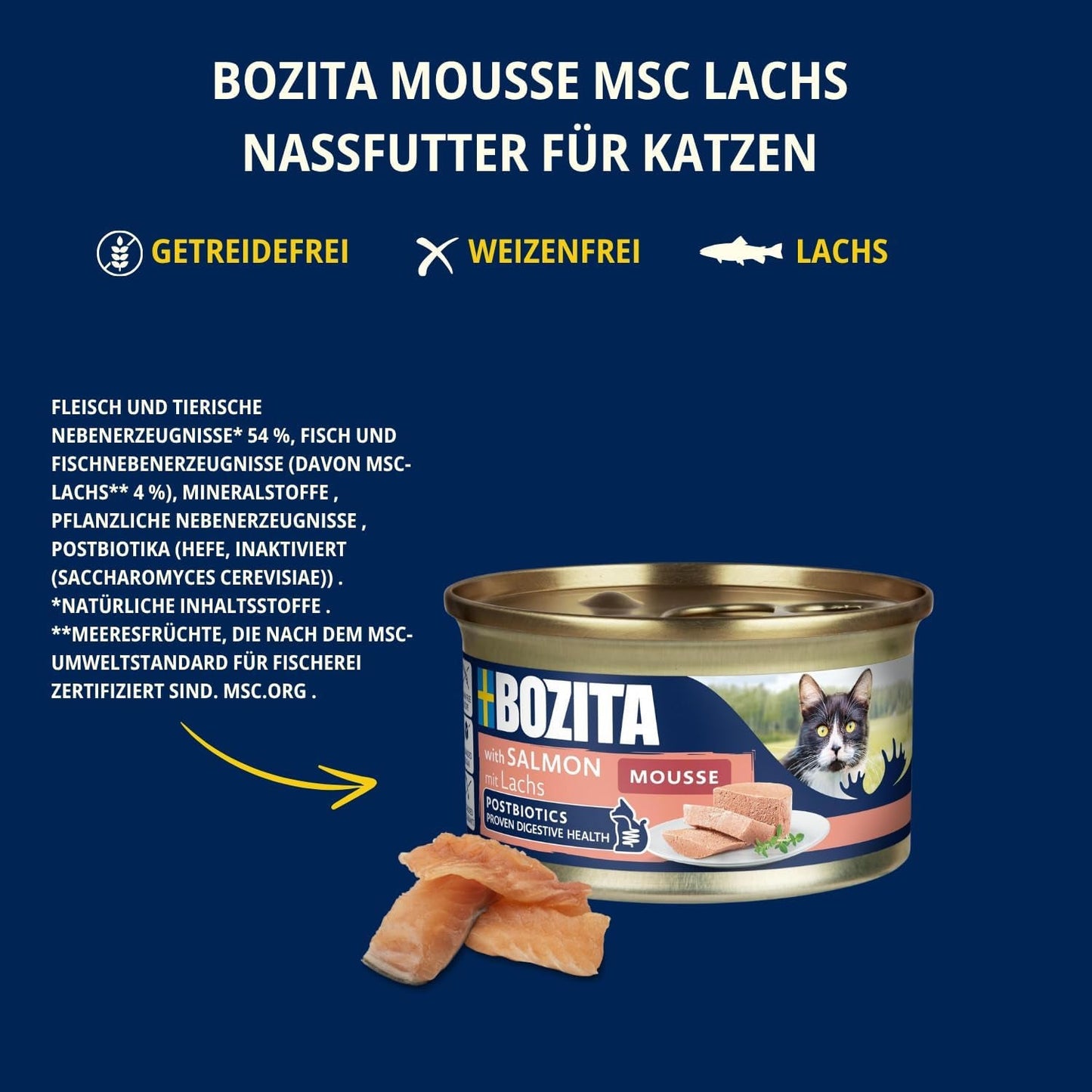 Bozita Mousse MSC Zalm - 12 x 85g kattennatvoer met een fijne textuur van mousse en zalm - graanvrije receptuur, geen toegevoegde suikers of kleurstoffen - met postbiotica ter ondersteuning van de darmflora