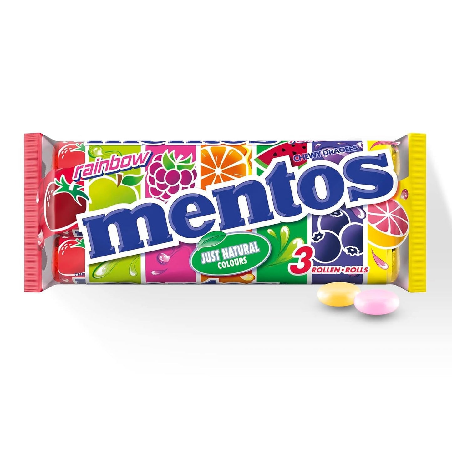Mentos Fruit Dragees Sinaasappel Citroen Aardbei Taaie Snoepjes Met Fruitsmaak (3 Rollen), Veganistisch (Pack van 3)