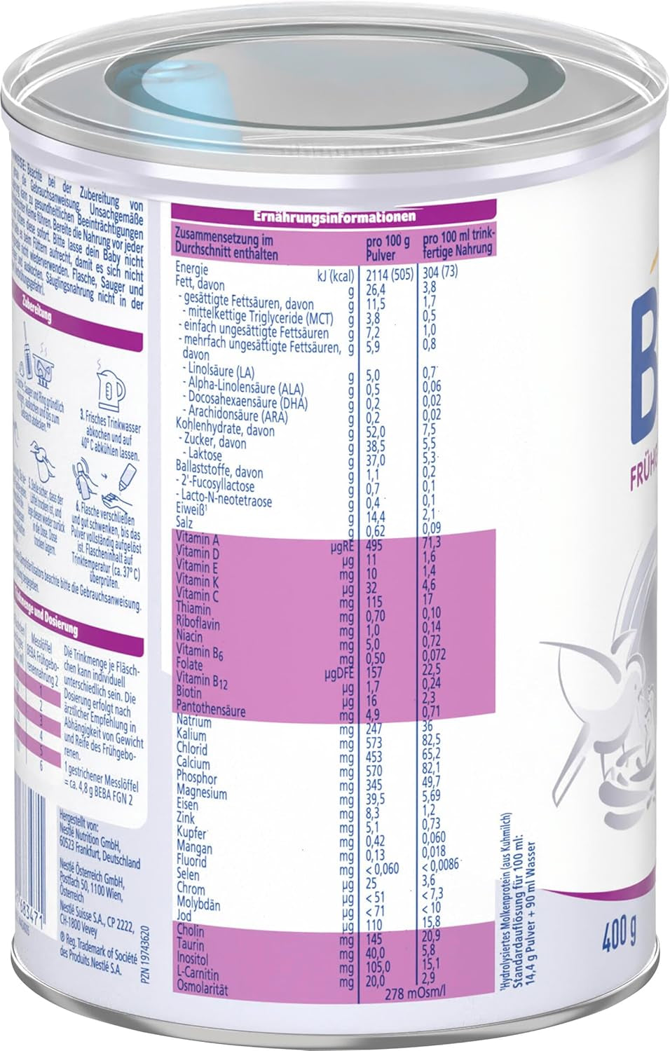 BEBA Premature Infant Formula Stage 2 - Premature baby's na ontslag uit het ziekenhuis, babyvoeding, babymelkpoeder, 1 pak (1 x 400 g)