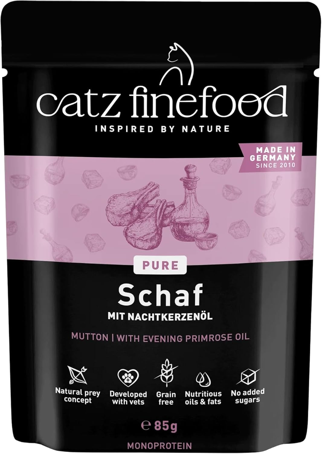 Natvoer voor katten Catz Finefood Purrrr Schaap Monoproteïne nr. 113, voor katten met een gevoelige spijsvertering, 70% vleesgehalte, 16 zakjes à 85 g