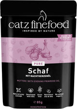 Natvoer voor katten Catz Finefood Purrrr Schaap Monoproteïne nr. 113, voor katten met een gevoelige spijsvertering, 70% vleesgehalte, 16 zakjes à 85 g