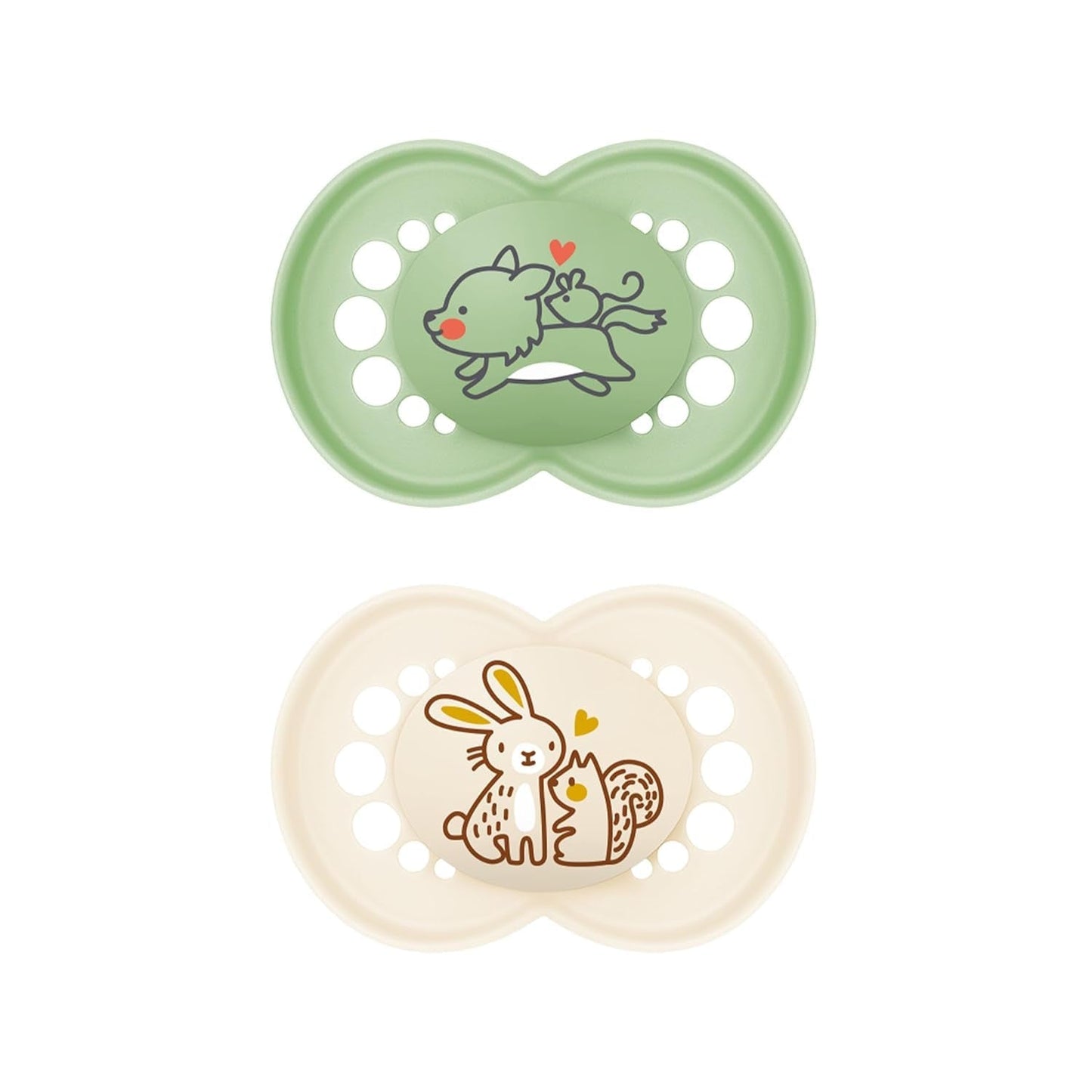 MAM Originele Fopspenen, 2-pack, Tandvriendelijke babyfopspenen, gemaakt van duurzame en biologisch regenereerbare materialen, MAM SkinSoft siliconen spenen, met fopspeendoos, 6-16 maanden, Wolf/Konijn