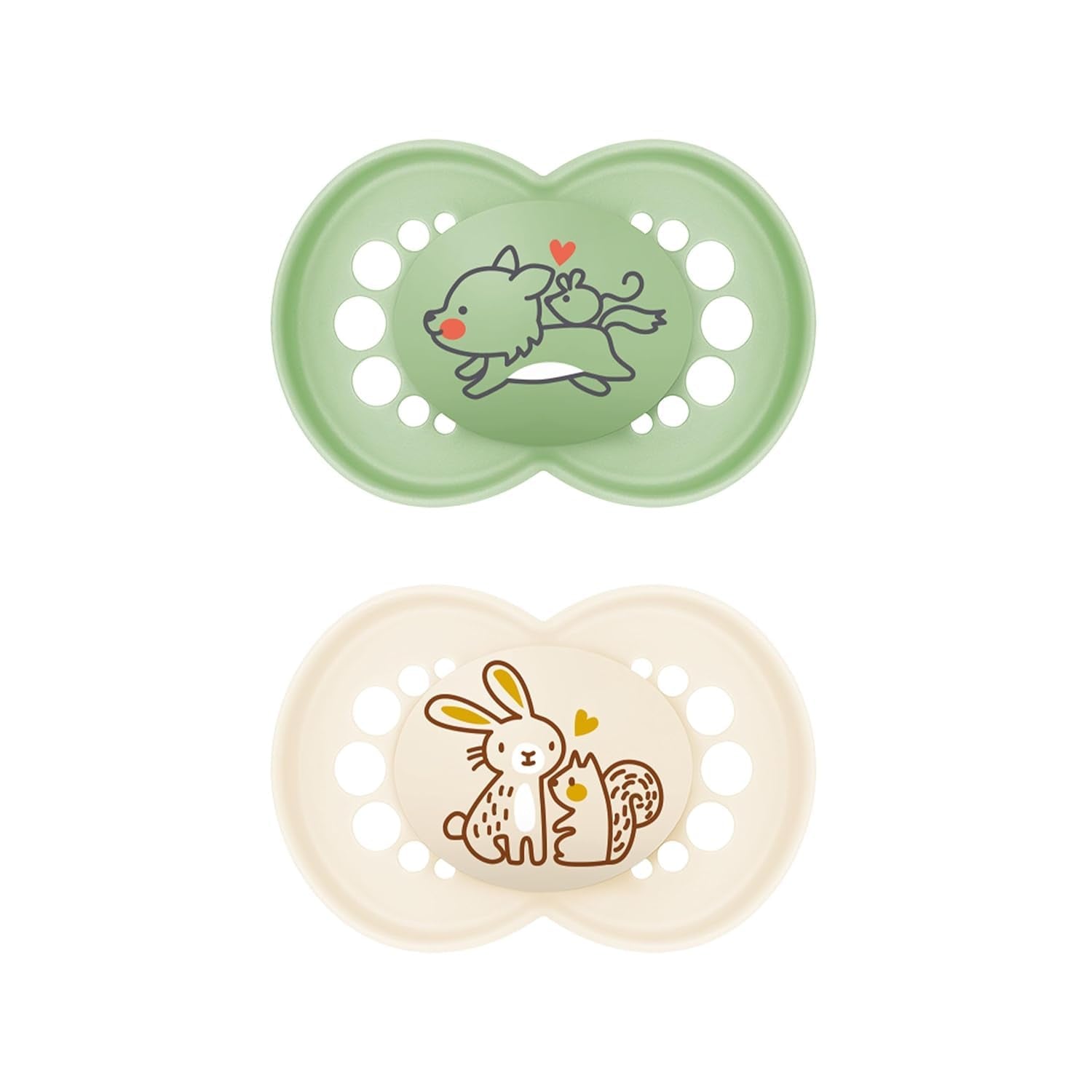 MAM Originele Fopspenen, 2-pack, Tandvriendelijke babyfopspenen, gemaakt van duurzame en biologisch regenereerbare materialen, MAM SkinSoft siliconen spenen, met fopspeendoos, 6-16 maanden, Wolf/Konijn