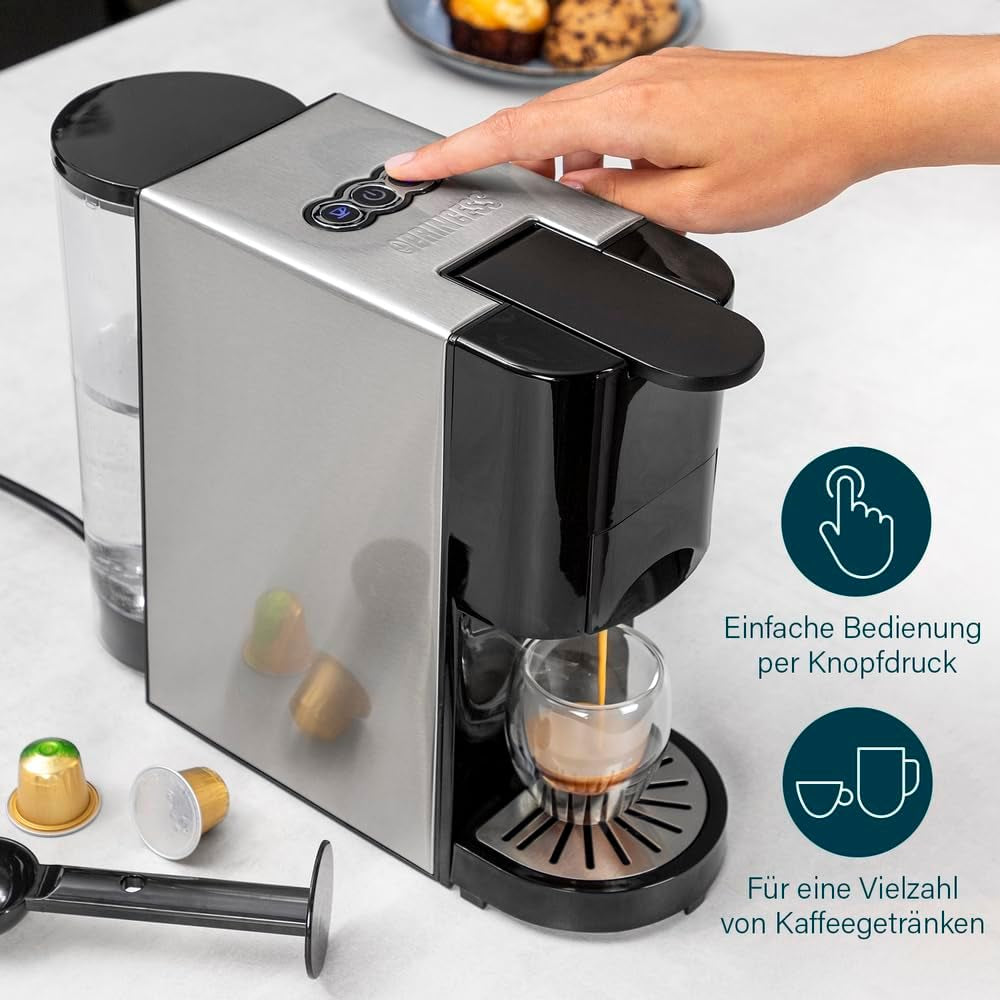 Princess 4 in 1 multicapsule espressomachine - 1450 watt, capsules, pads, gemalen koffie, BPA vrij, 249450, 01.249450.01.001, zwart, zilver