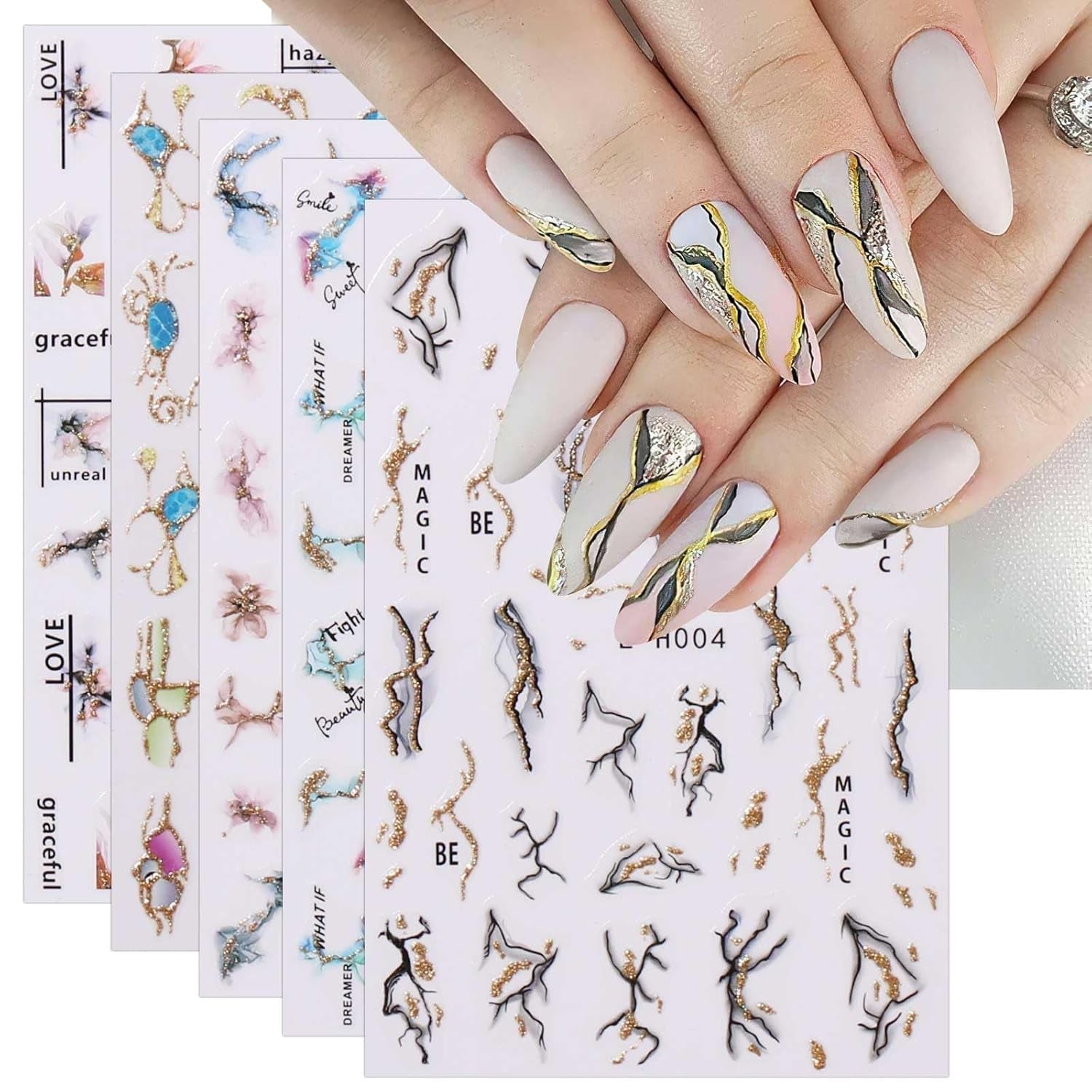 Jmeowio JMEOWIO Nagelsticker Marmor Französische Spitze 10 Blatt Nail Art Sticker Selbstklebend Nagelaufkleber Bunt Decoratie Nageldesign Zubehör