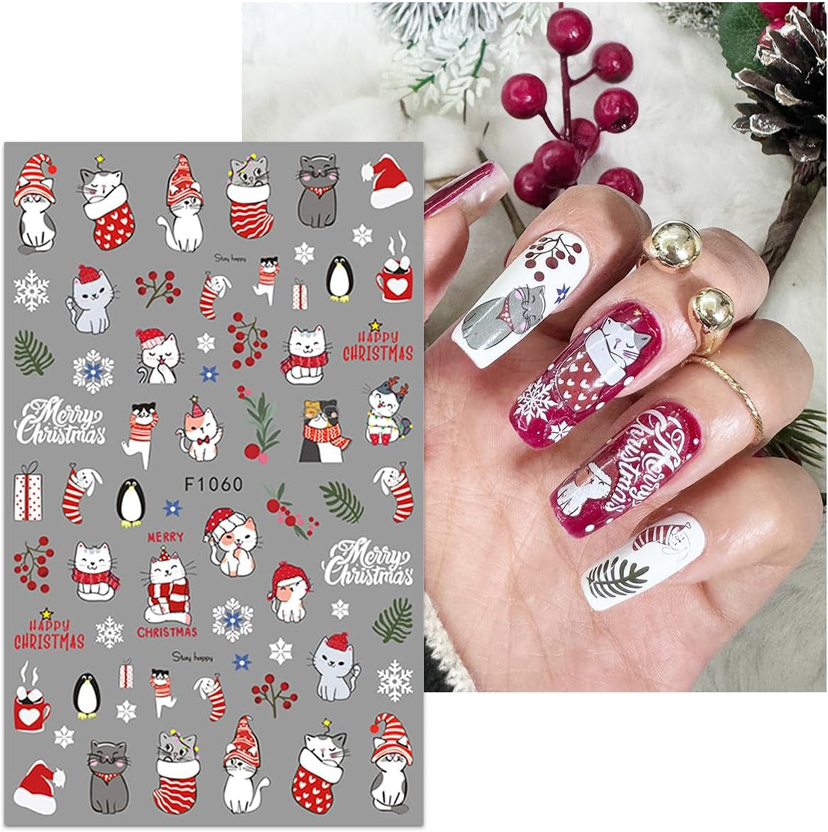 JMEOWIO Nagelsticker Weihnachten 10 Blatt Nail Art Sticker Selbstklebend Nagelaufkleber Schneeflocke Winter Urlaub Süß Decoratie Nageldesign Zubehör