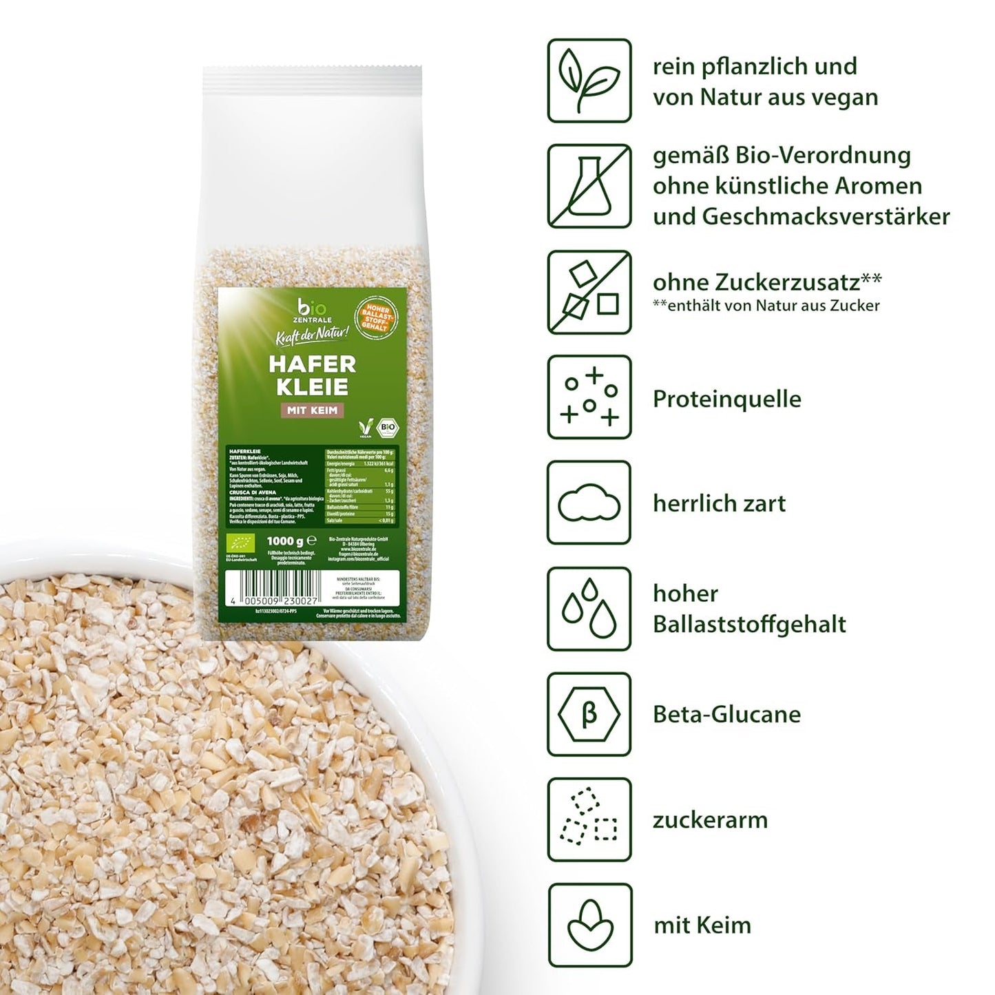 Biocentral biologische haverzemelen 1 kg | Voordelig pakket | Vezelrijke eiwitbron | Natuurlijk veganistisch | Van de EU-landbouw | Laag suikergehalte