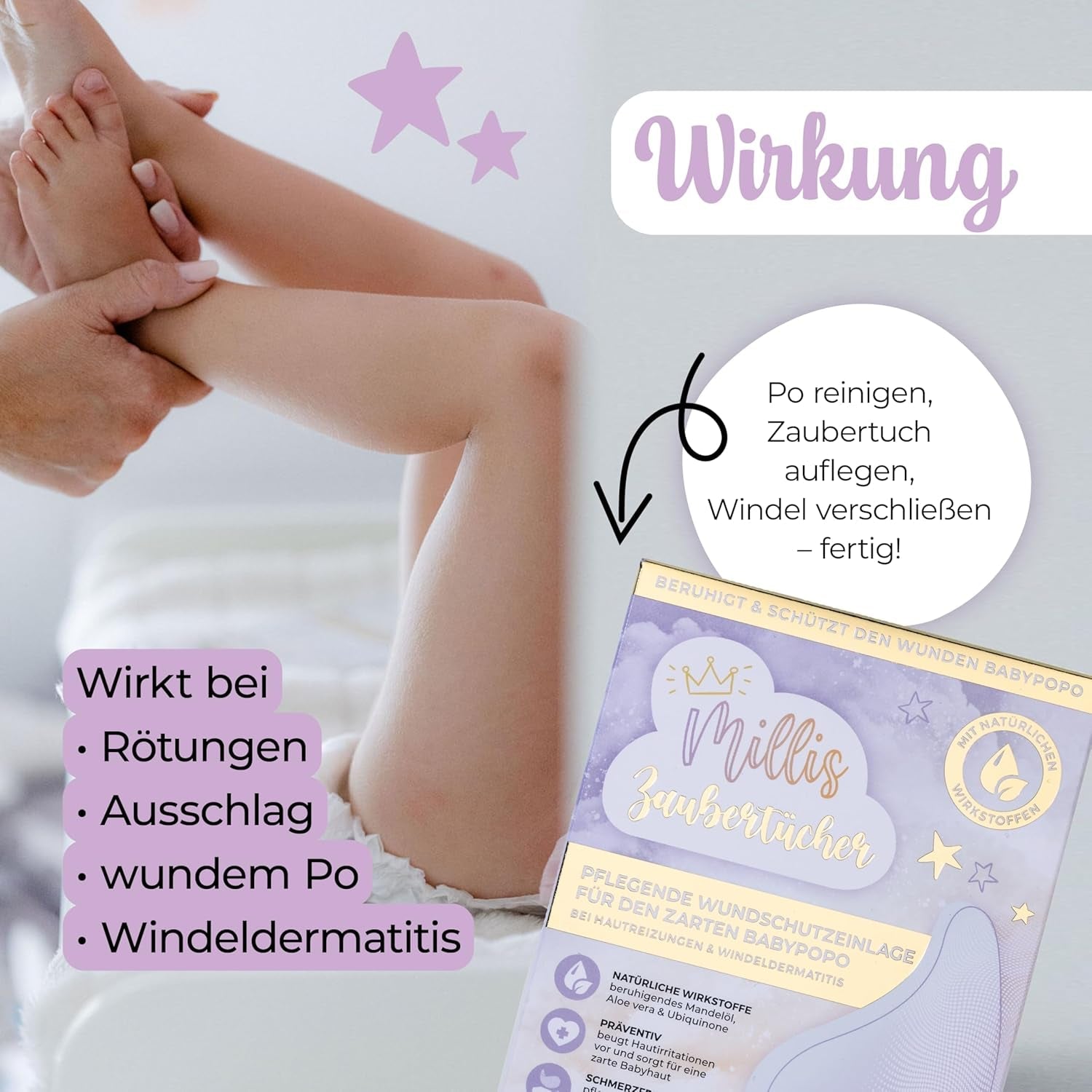 Millis Zaubertücher bei Windeldermatitis Baby, Bekannt aus "Die Höhle der Löwen", 25 Tücher (1 x 25er) met Aloë Vera, Mandelöl & Q10 - Pflegt, Schützt & dient als Wundschutz bei gereizter Haut