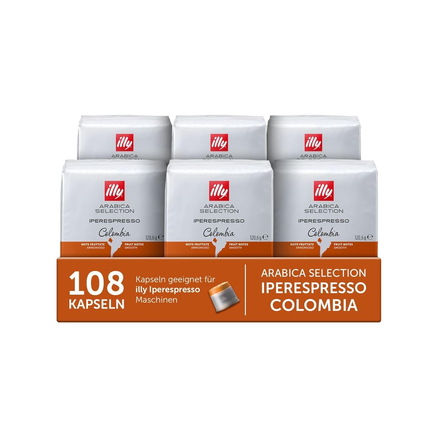 illy, Iperespresso Arabica Selection Kolombien, 100% Arabica mit Fruchtigen Noten von Zitrusfrüchten en Roten Früchten, Gesmack mit Tarter Säure, 6 Packungen à 18 Kapseln (Insgesamt 108 Kapseln)