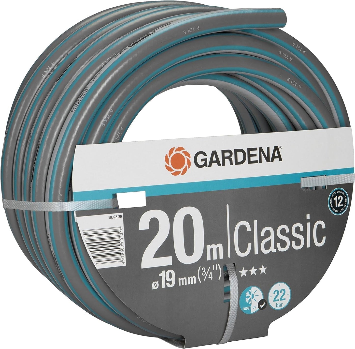Gardena Classic Slang 19 mm (3/4 inch), 20 m: Universele tuinslang van robuust weefsel, kruisgeweven, 22 bar barstdruk, UV-bestendig, geen systeemcomponenten, 12 jaar garantie (18022-20)