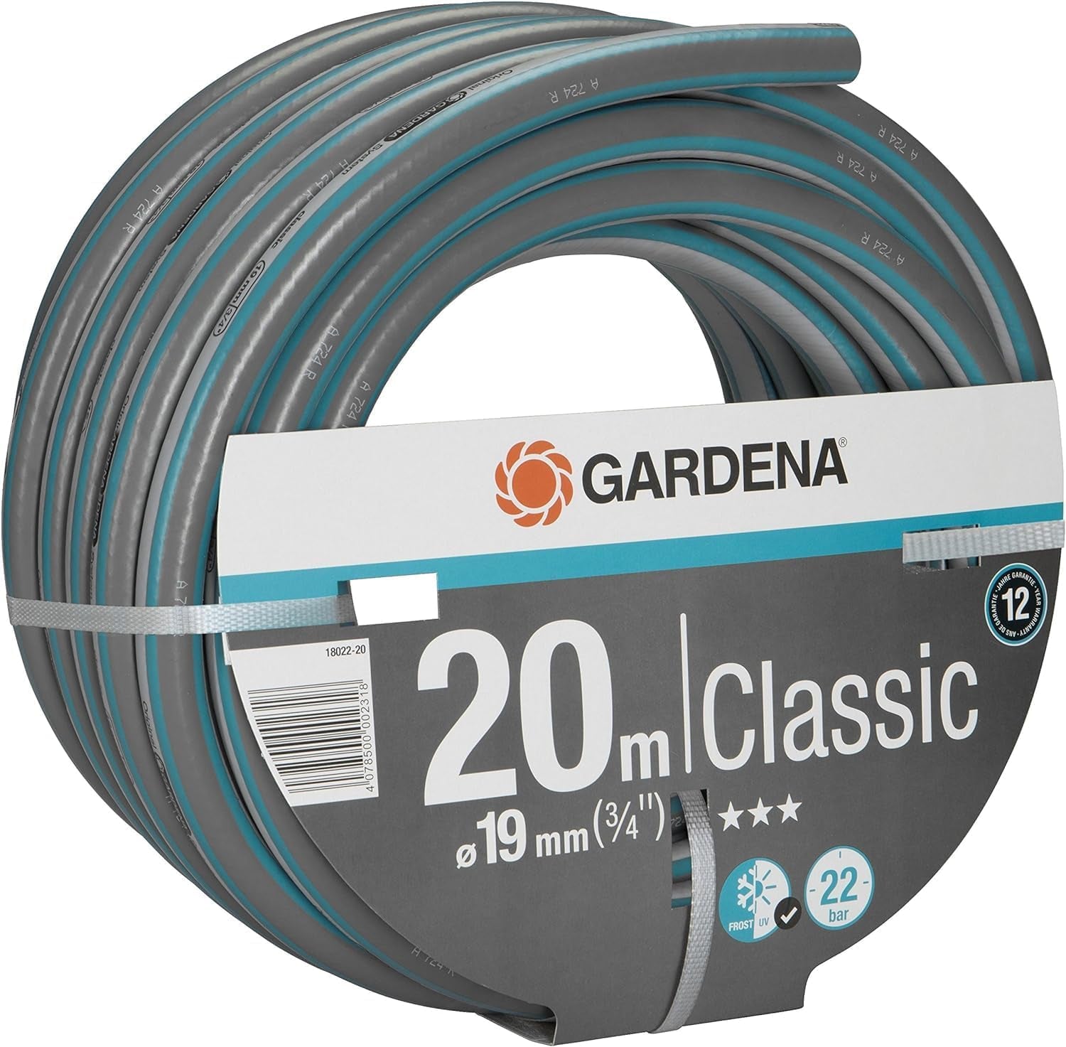 Gardena Classic Slang 19 mm (3/4 inch), 20 m: Universele tuinslang van robuust weefsel, kruisgeweven, 22 bar barstdruk, UV-bestendig, geen systeemcomponenten, 12 jaar garantie (18022-20)
